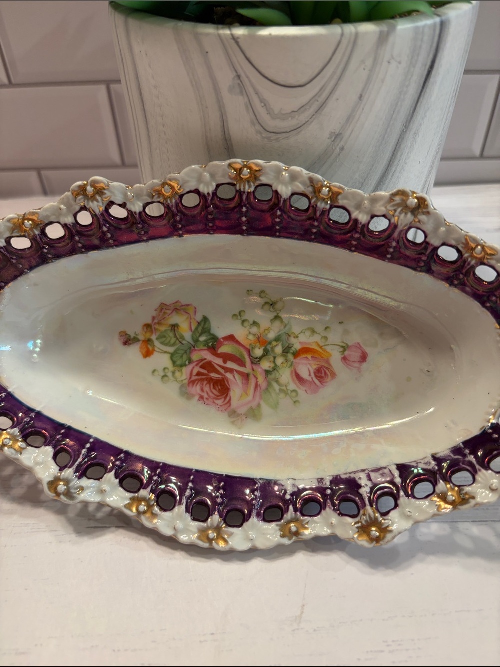 Porcelain Floral Serving Dish in Purple and White with Gold Accents Vintage